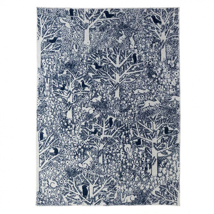 ウール シングルブランケット 130×180cm / rabbits play birds rest / ネイビー