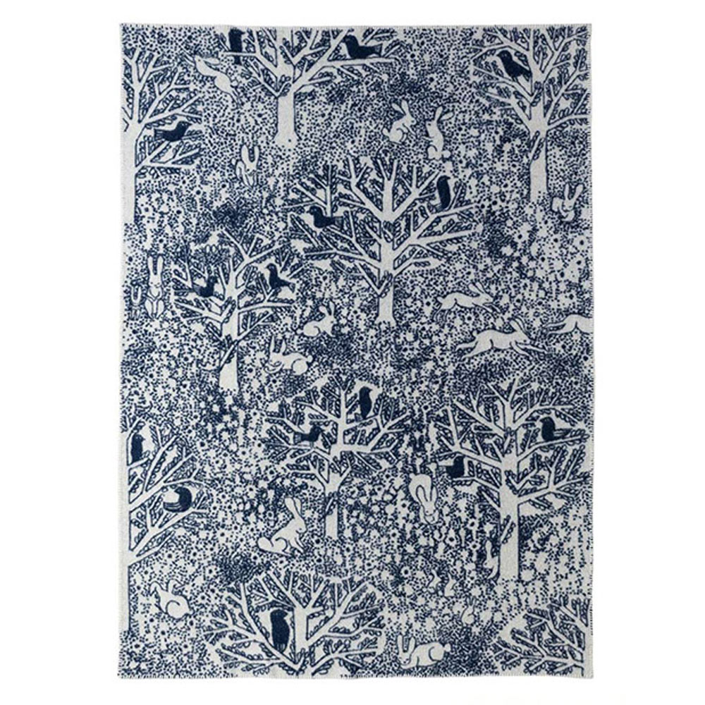 ウール シングルブランケット 130×180cm / rabbits play birds rest / ネイビー