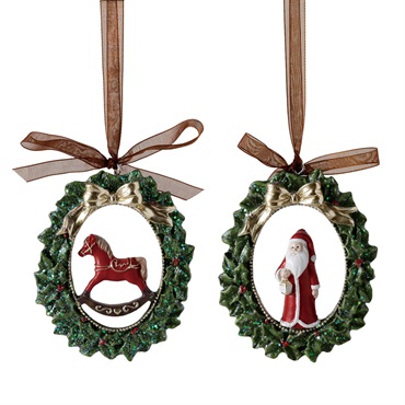 ミニリース サンタ & ホースオーナメント 7.5×8.5cm 2個セット