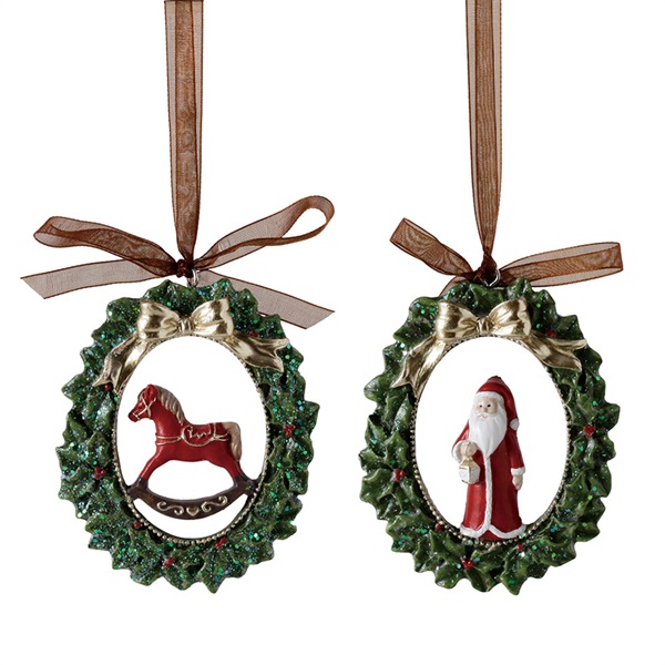ミニリース サンタ & ホースオーナメント 7.5×8.5cm 2個セット