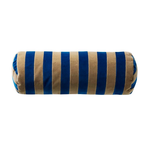 ベルベットクッション ストライプボルスター φ14×40cm / トープ×コバルト