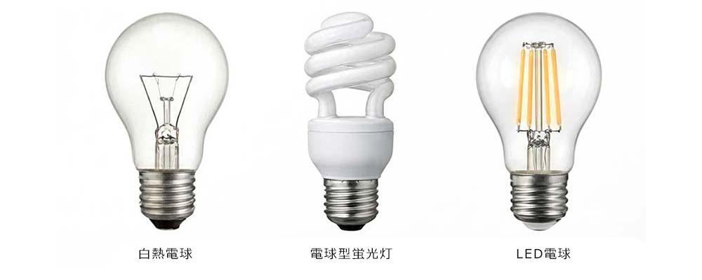白熱電球・電球型蛍光灯・LED電球の各種比較画像